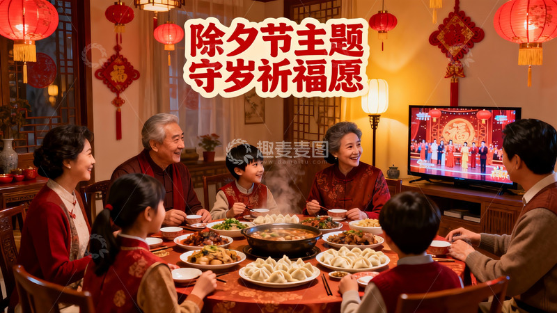 高清大图下载【趣麦麦图】除夕团圆饭家人欢聚一堂