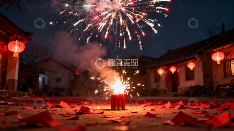 高清大图下载【趣麦麦图】夜空烟花绽放庭院红灯笼