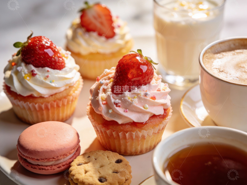 高清大图下载【趣麦麦图】草莓蛋糕与饮品甜点组合