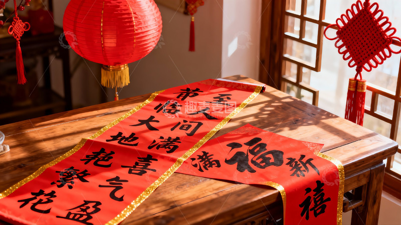 高清大图下载【趣麦麦图】春节室内装饰红灯笼对联