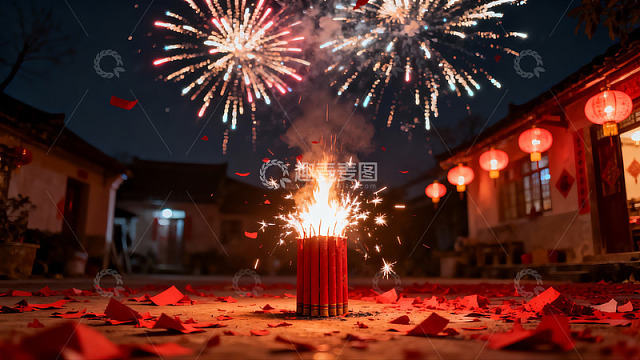 夜空烟花绽放庭院红纸飞舞