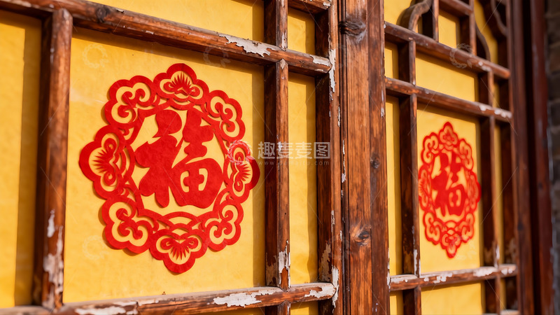 高清大图下载【趣麦麦图】古窗贴福字传统节日装饰