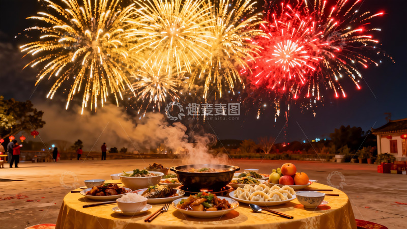 高清大图下载【趣麦麦图】夜空烟花下的丰盛团圆饭