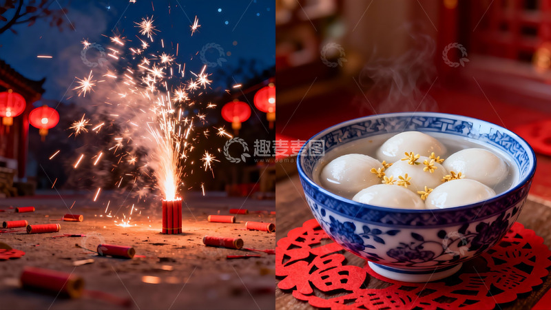 高清大图下载【趣麦麦图】烟花与汤圆共庆佳节