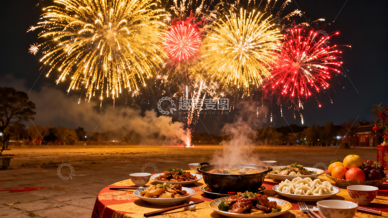 高清大图下载【趣麦麦图】夜空烟花与丰盛晚餐