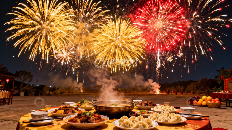 高清大图下载【趣麦麦图】夜空烟花宴席美景