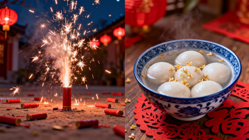 烟花绽放与汤圆美食