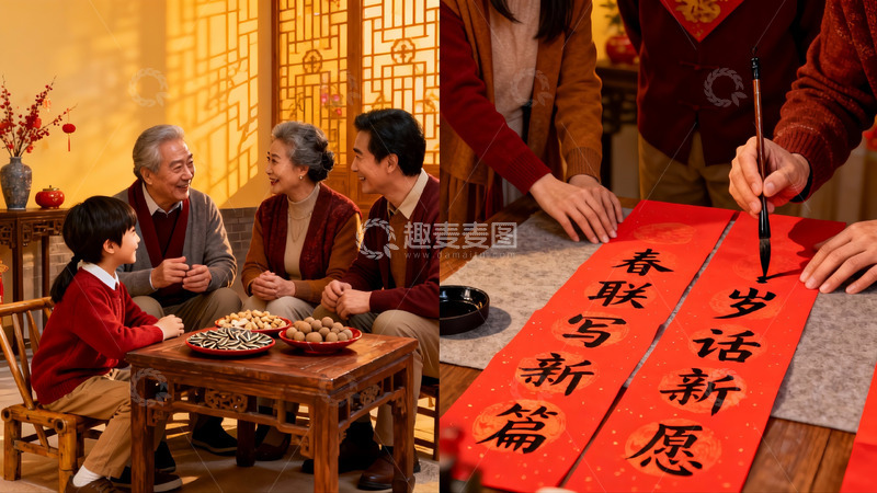 高清大图下载【趣麦麦图】春节家庭团聚写春联