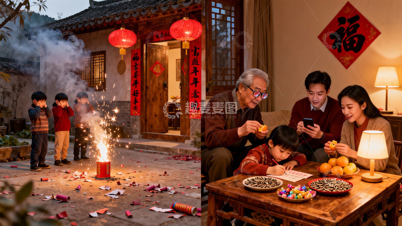 高清大图下载【趣麦麦图】家庭除夕夜户外放鞭炮室内团聚