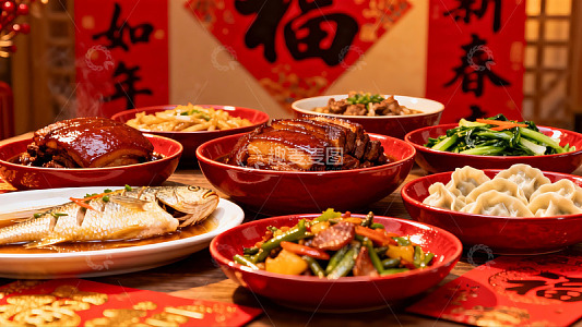 春节团圆饭丰盛菜肴摆盘