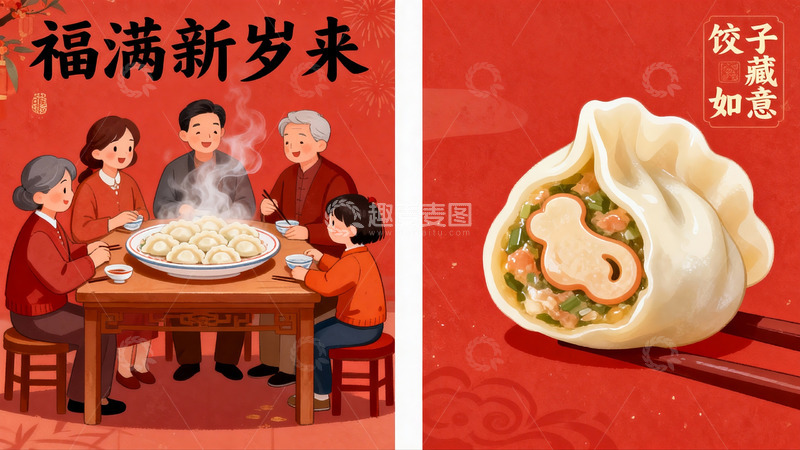 高清大图下载【趣麦麦图】新年饺子团圆饭