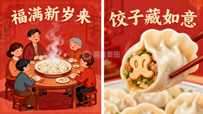 高清大图下载【趣麦麦图】春节饺子团圆饭