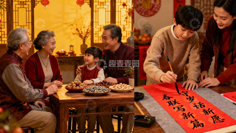 高清大图下载【趣麦麦图】家庭团聚写春联迎新春