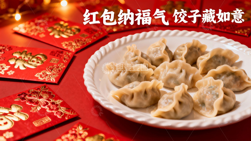 高清大图下载【趣麦麦图】春节饺子与红包寓意团圆