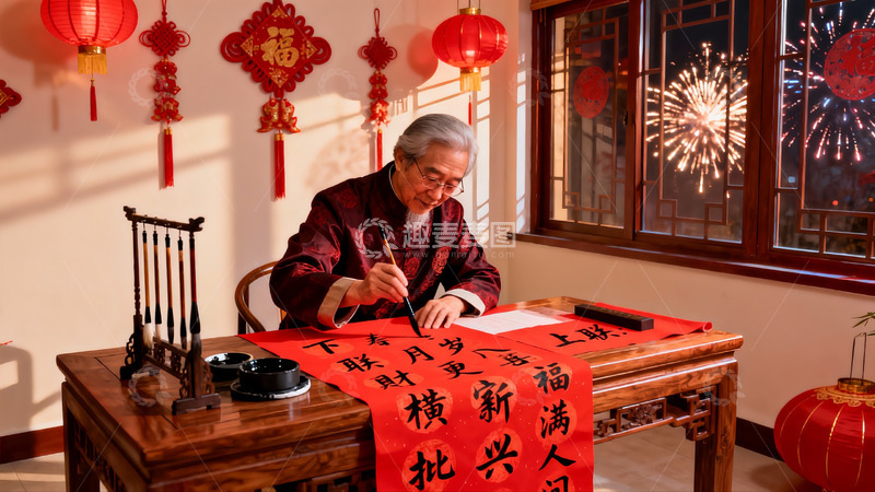 高清大图下载【趣麦麦图】老人室内书写春联庆祝节日