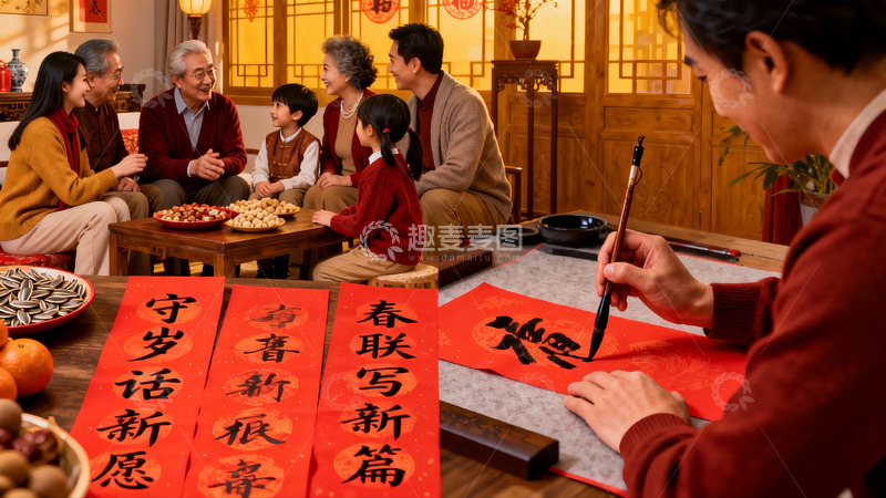 高清大图下载【趣麦麦图】春节家庭团聚写春联