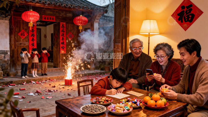高清大图下载【趣麦麦图】春节家庭团聚燃放烟花