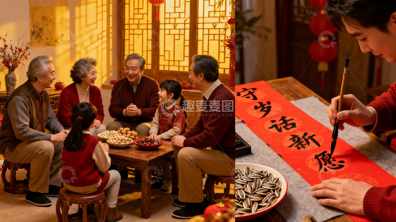 高清大图下载【趣麦麦图】家庭团聚写春联迎新年