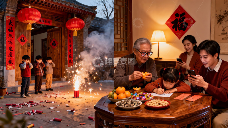 高清大图下载【趣麦麦图】春节家庭团聚场景户外放鞭炮室内写福字