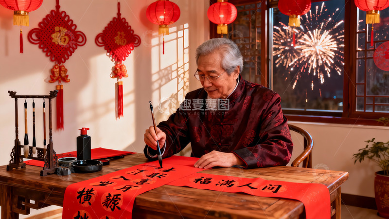 高清大图下载【趣麦麦图】老人春节书写春联庆祝佳节