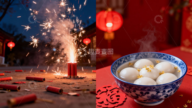 高清大图下载【趣麦麦图】烟花与汤圆共庆佳节