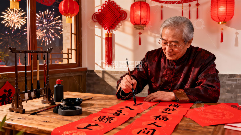 高清大图下载【趣麦麦图】老人春节写春联