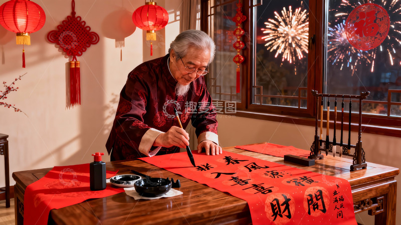 高清大图下载【趣麦麦图】老人春节书写春联庆祝佳节