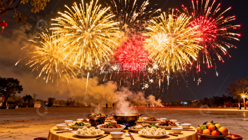 高清大图下载【趣麦麦图】夜空烟花下的团圆饭