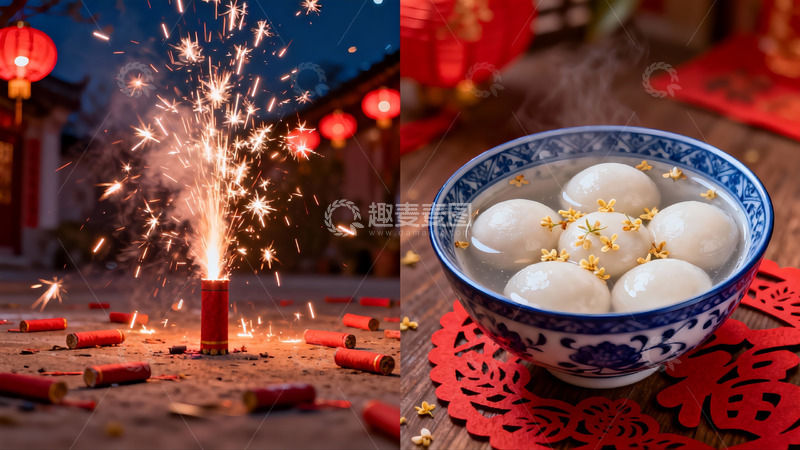 高清大图下载【趣麦麦图】烟花绽放与汤圆美食