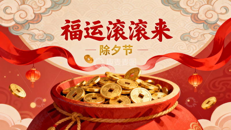 高清大图下载【趣麦麦图】除夕福运滚滚来金元宝红灯笼