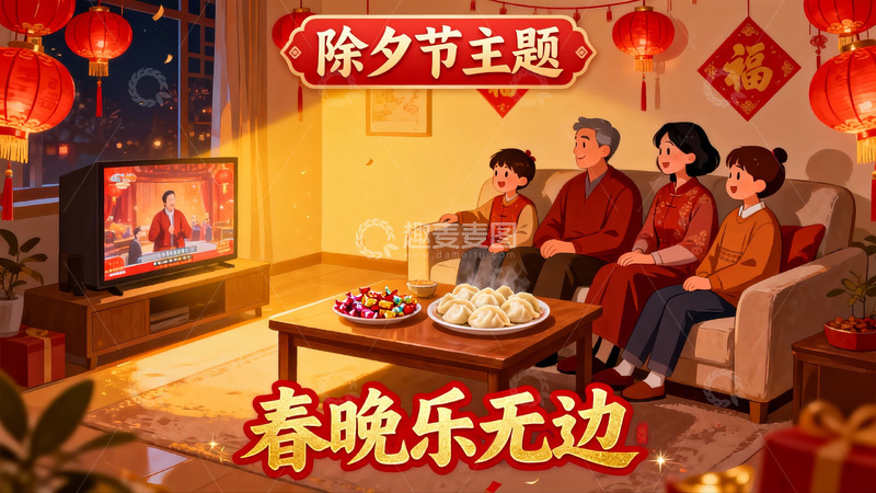 高清大图下载【趣麦麦图】除夕夜家人团聚看春晚