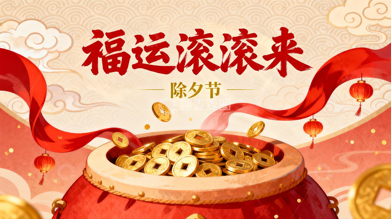 高清大图下载【趣麦麦图】除夕福运滚滚来金元宝红灯笼