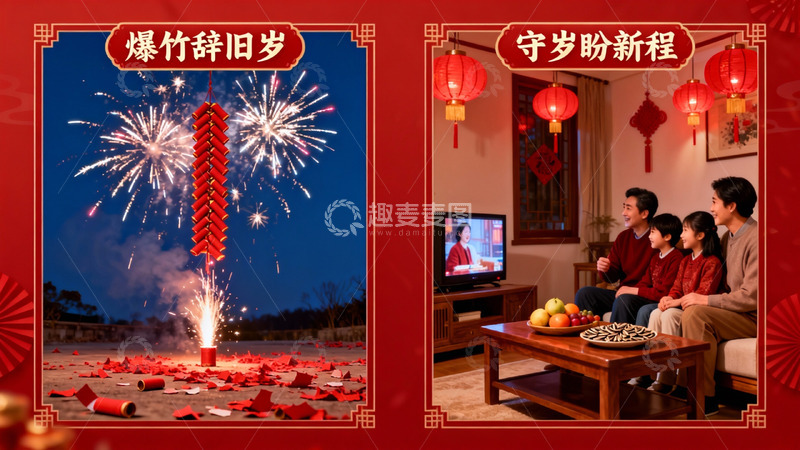 高清大图下载【趣麦麦图】春节烟花与家庭团聚场景