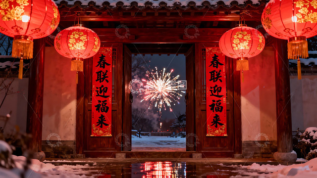雪夜古建筑挂红灯笼放烟花