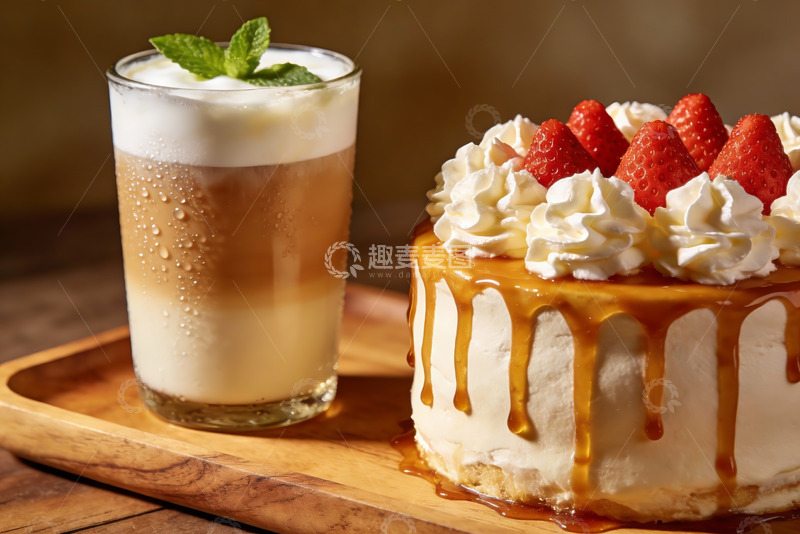 高清大图下载【趣麦麦图】冰咖啡与草莓蛋糕摆盘