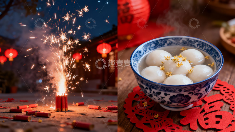 高清大图下载【趣麦麦图】烟花与汤圆共庆佳节