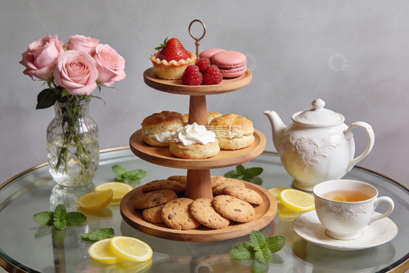 高清大图下载【趣麦麦图】精致下午茶点心与鲜花摆拍