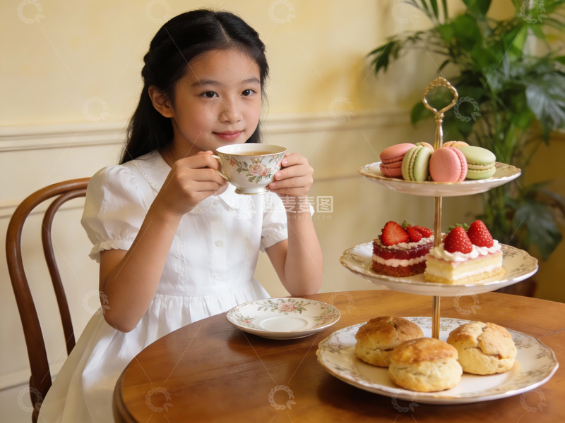 高清大图下载【趣麦麦图】小女孩享用英式下午茶