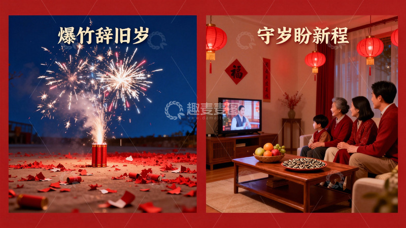 高清大图下载【趣麦麦图】除夕夜烟花与家庭团聚场景