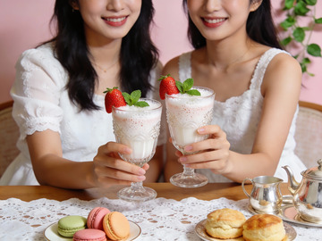 两位女士手持草莓饮品合影