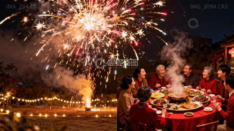 高清大图下载【趣麦麦图】烟花下家人聚餐欢庆夜