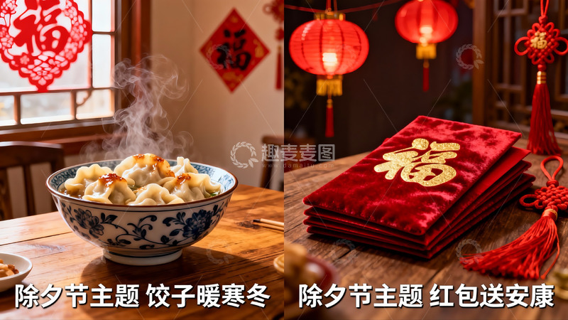 高清大图下载【趣麦麦图】除夕饺子与红包寓意团圆