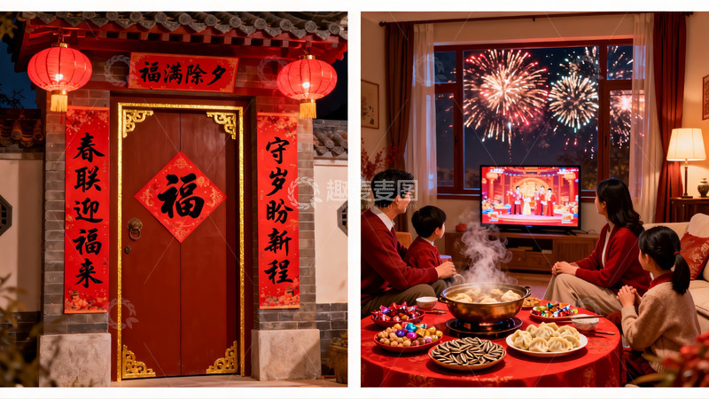 高清大图下载【趣麦麦图】除夕夜家庭团聚欢庆新年