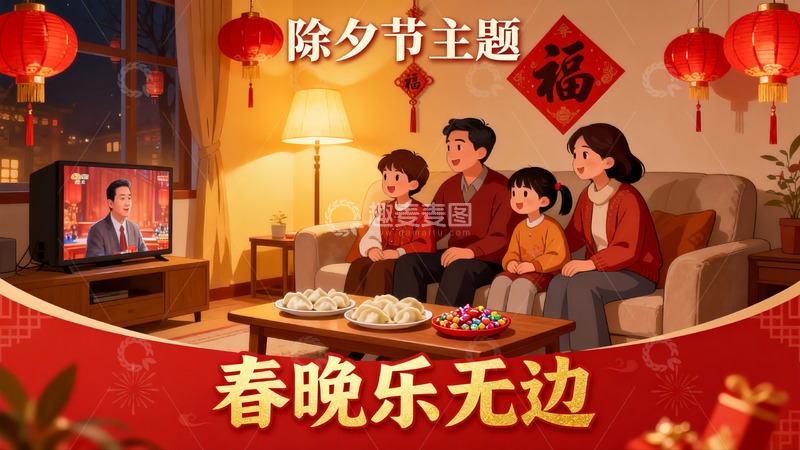 高清大图下载【趣麦麦图】除夕夜家人团聚看春晚