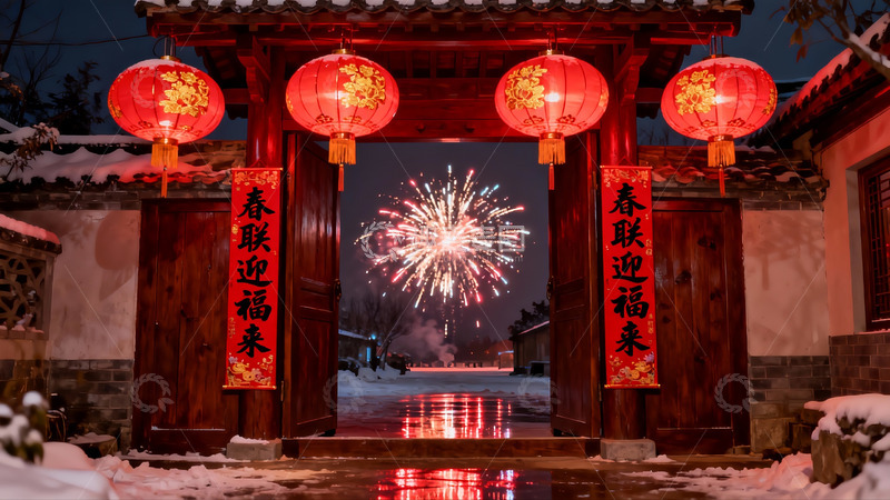 高清大图下载【趣麦麦图】雪夜烟花映古门