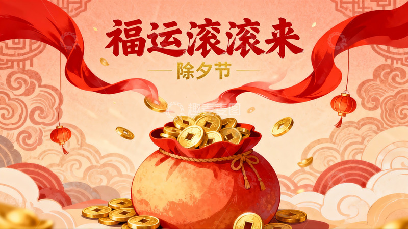高清大图下载【趣麦麦图】除夕福运滚滚来红包金币