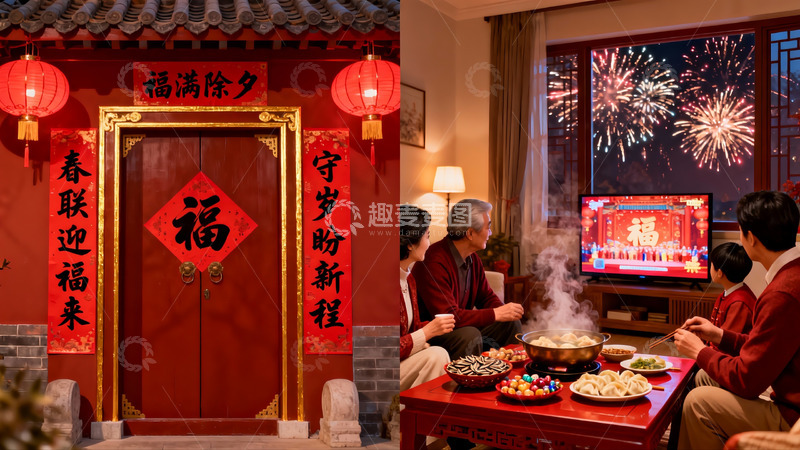 高清大图下载【趣麦麦图】除夕夜家庭团聚欢庆新年