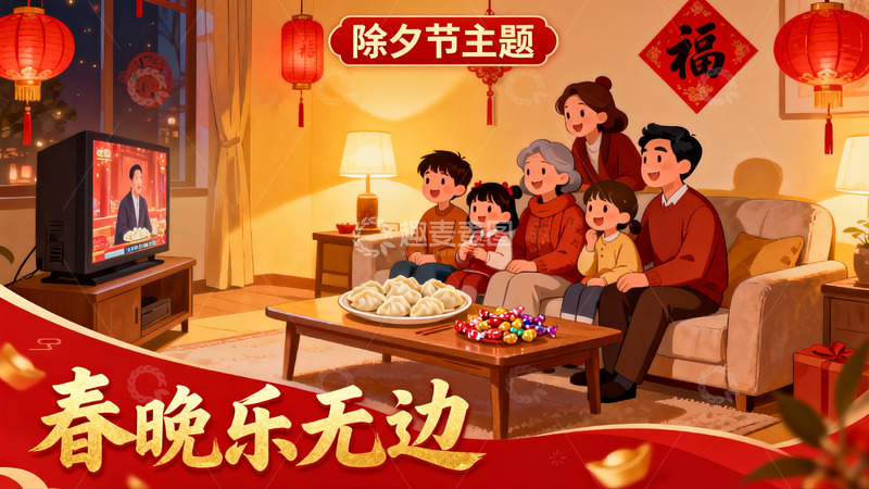 高清大图下载【趣麦麦图】除夕夜家人团聚看春晚