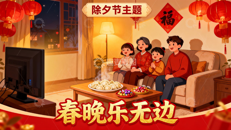 高清大图下载【趣麦麦图】除夕夜家人团聚看春晚