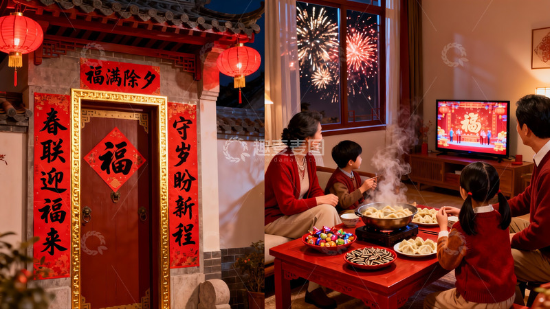 高清大图下载【趣麦麦图】除夕夜家人团聚吃年夜饭